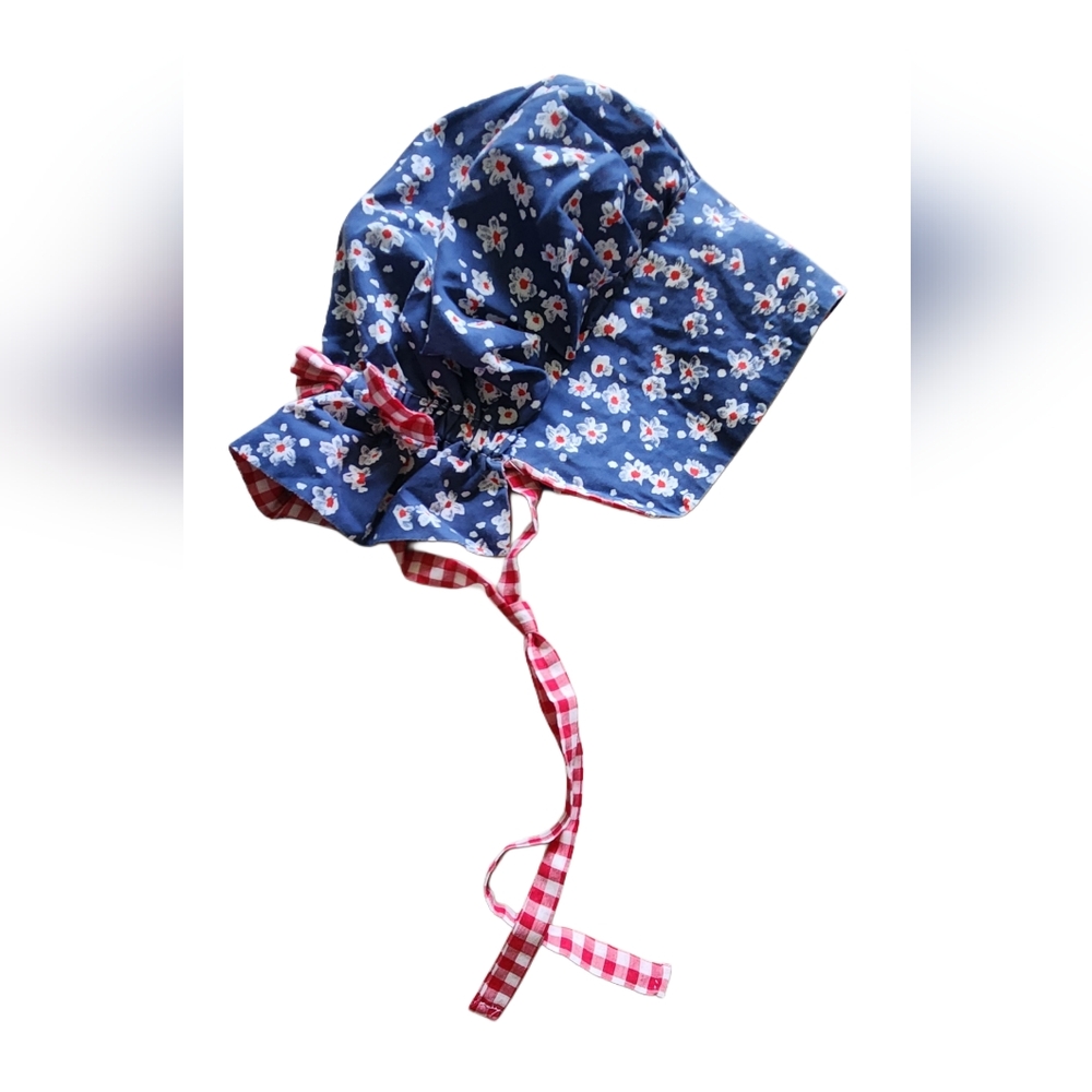 Floral Blue and Red Youth XL‎ Womans Small Handmade Bonnet